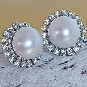 Natural‎ Round Creamy White Pearl 10mm & Cz 925 Sterling Silver Earrings